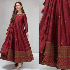 3PC EMBROIDERED SILK FROCK - ZN-099