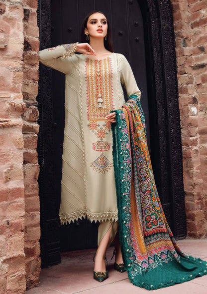 ZN539-WINTER 3PC Dhannak Embroidered suit with Printed Shawll