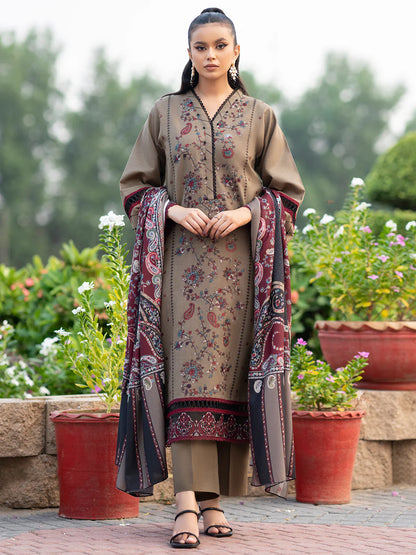 ZN617-WINTER 3PC Dhannak Embroidered suit with Printed Shawll