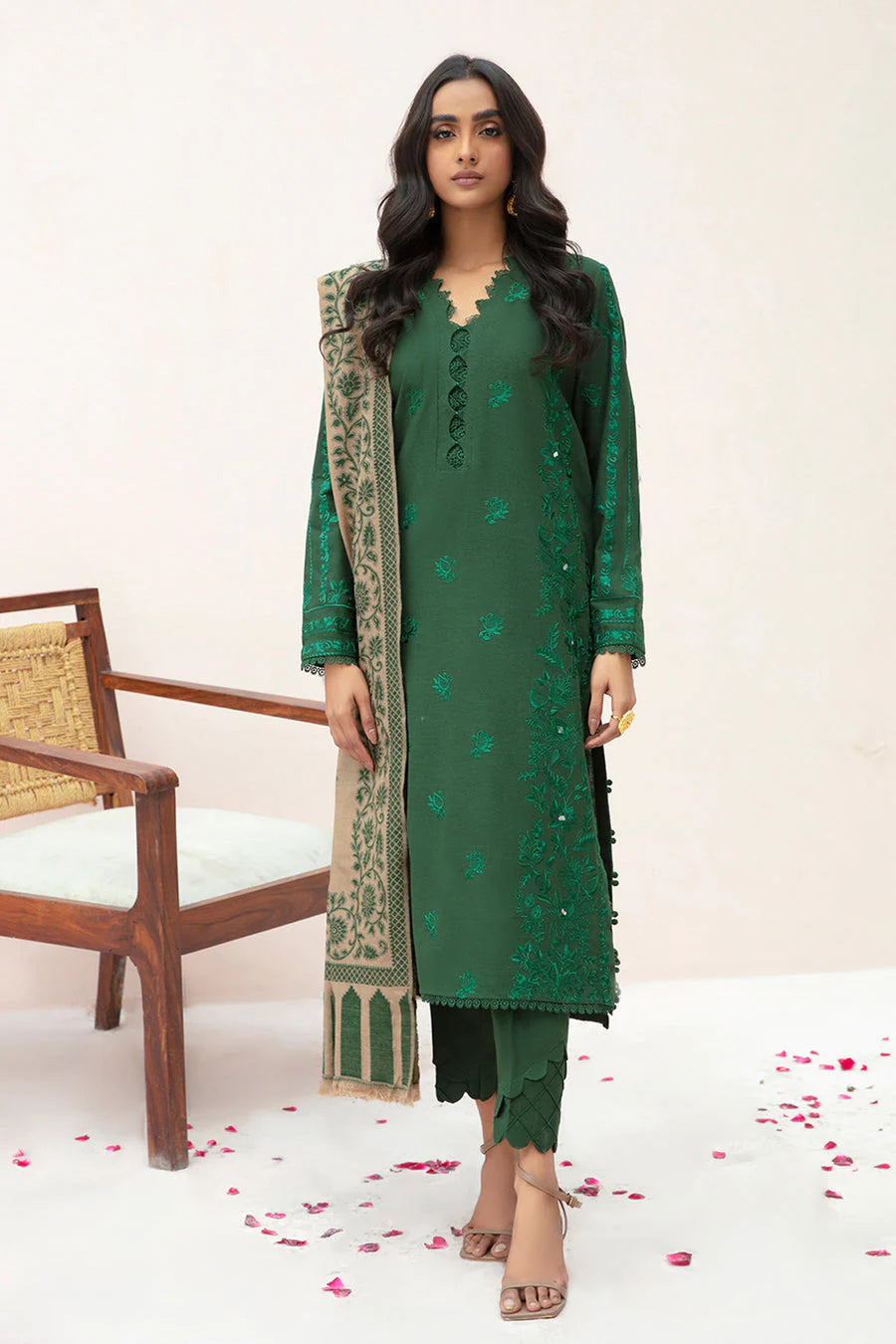 ZN553-3PC Winter Dhannak Embroidered suit with Printed Shawll