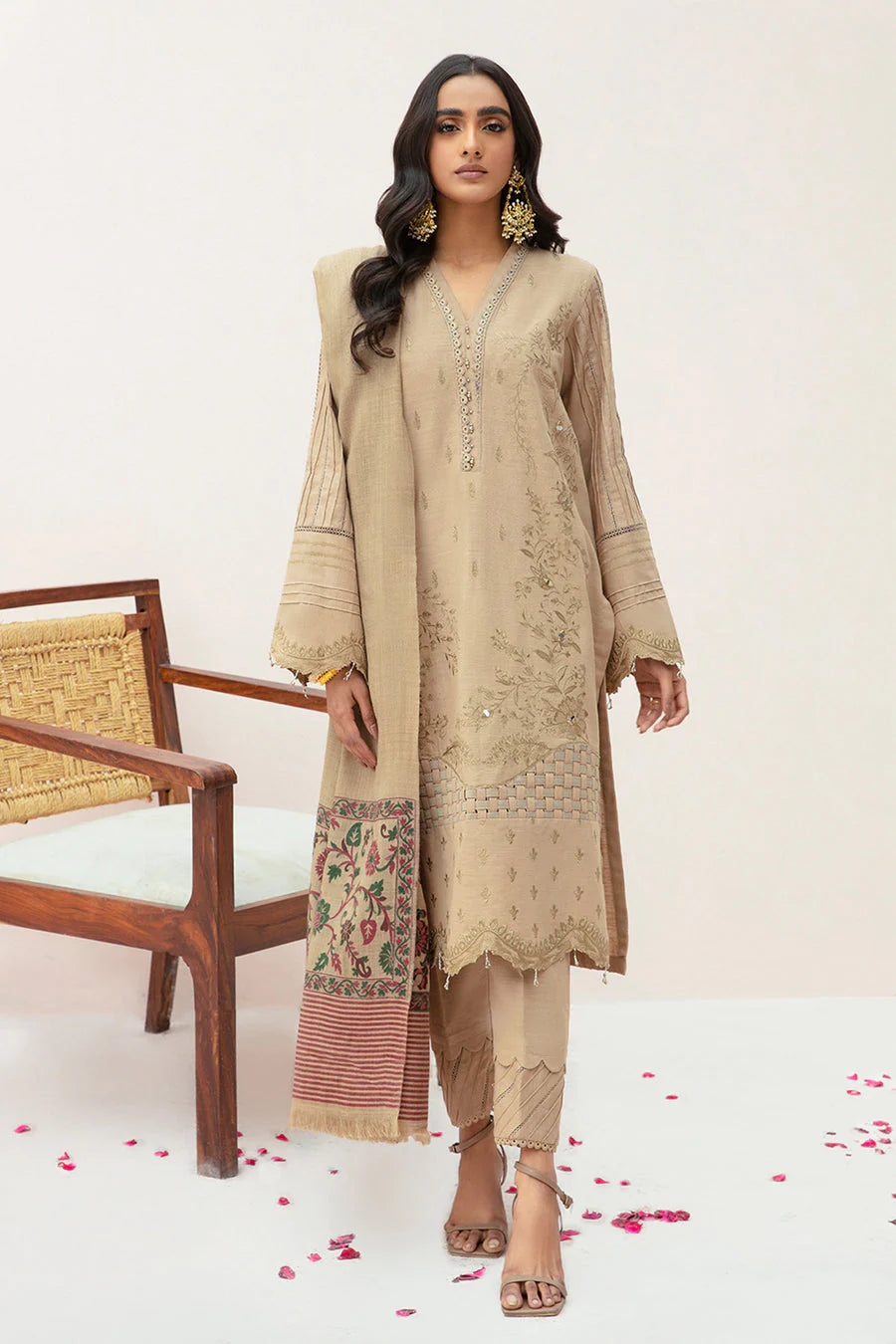 ZN574-WINTER 3PC Dhannak Embroidered suit with Printed Shawll