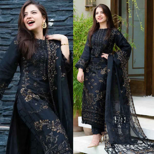 ZN005-NISA - 3PC Lawn Embroidered Shirt With Chiffon Embroidered Dupatta