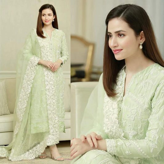 ZN001-Pista- 3PC Lawn Heavy Embroidered Shirt With Organza Embroidered Dupatta
