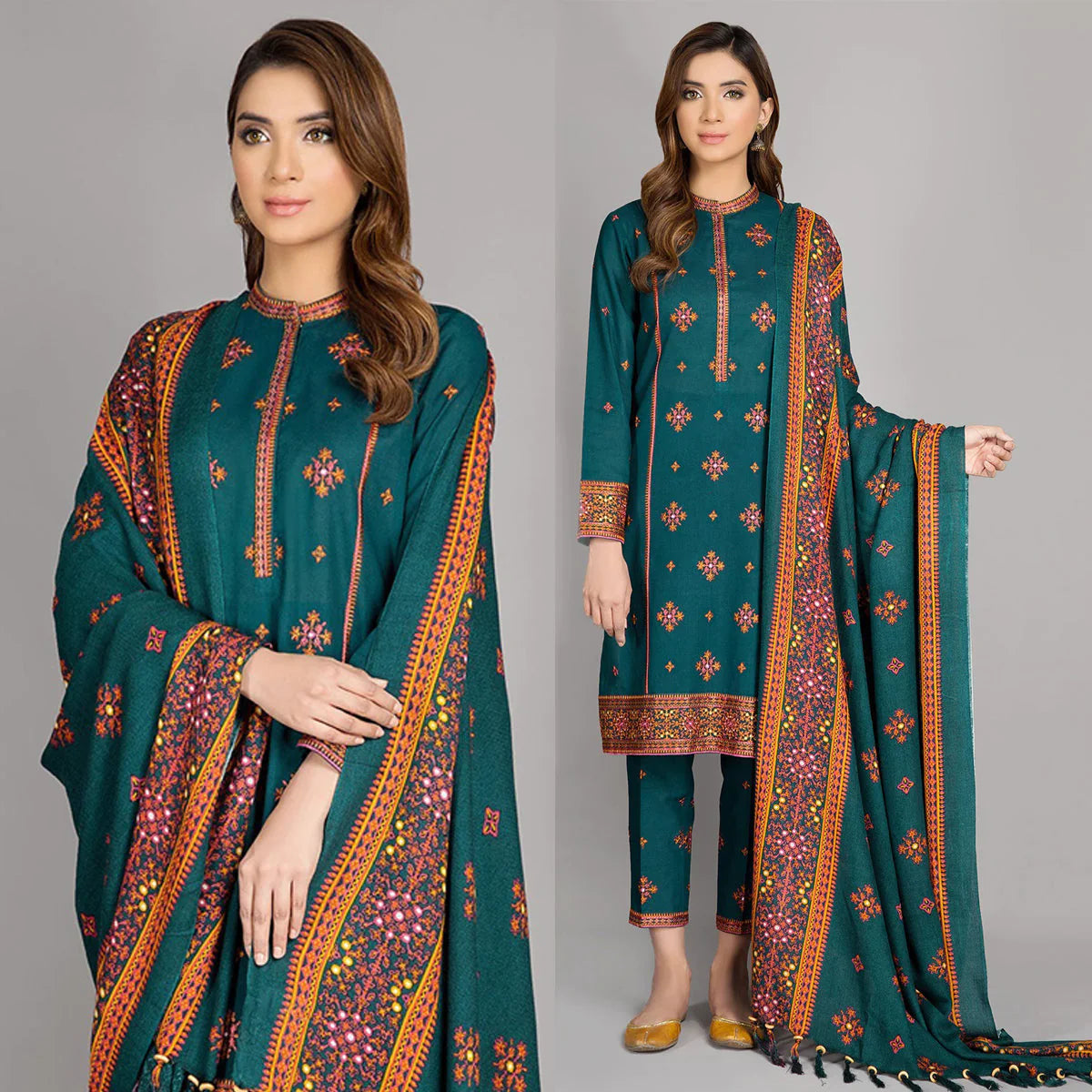 ZN527 WINTER kayseria 3Pc Linen Winter Collection Heavy Embroidered Suit