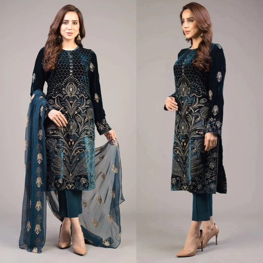 ZN012-Bareeze 3PC Lawn Front Full Embroidered Back Bazo Embroidered Bember Dupatta
