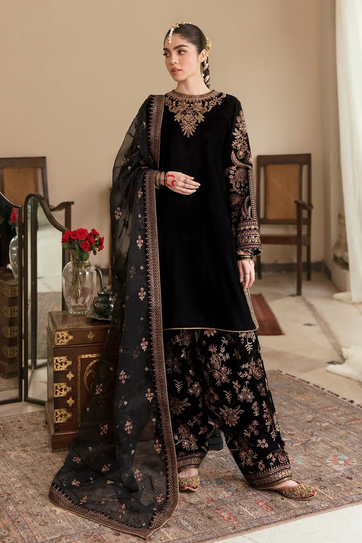 ZN563-Winter Embroidered Velvet Dress With Organza embroidered Dopata