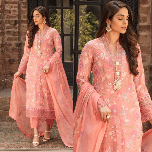 ZN009-Bareeze -Embroided 3pc Lawn dress with embroidered chiffon dupatta