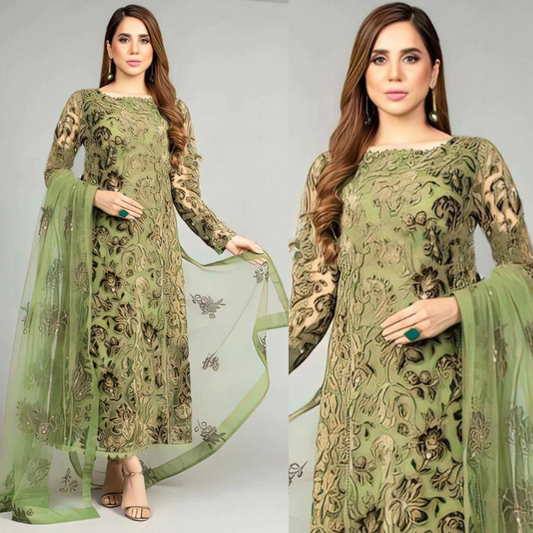 ZN007-Summer Bareeze 3-PC Lawn  Embroidered Shirt With Organza Embroidered Dupatta