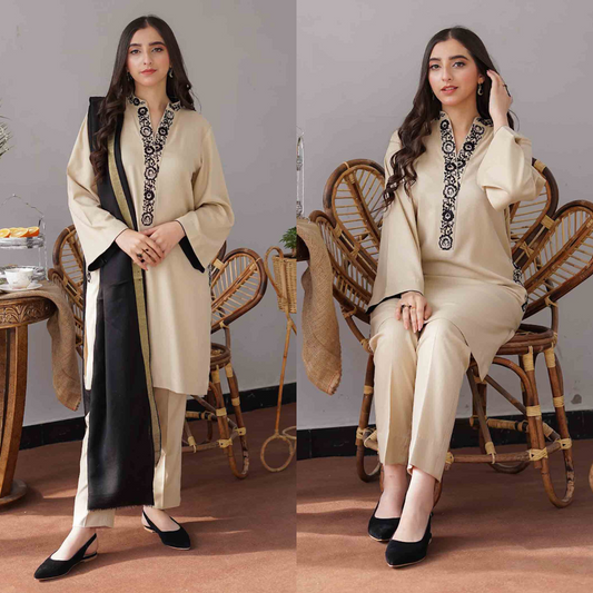 ZN407-WINTER 3PC Dhanak suit with Embroidered Shawll