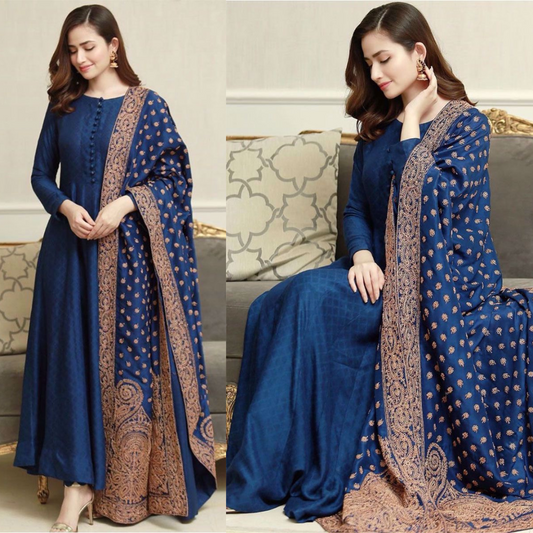 ZN408- WINTER Linen Suit with Heavy Embroidered Linen  Shawl