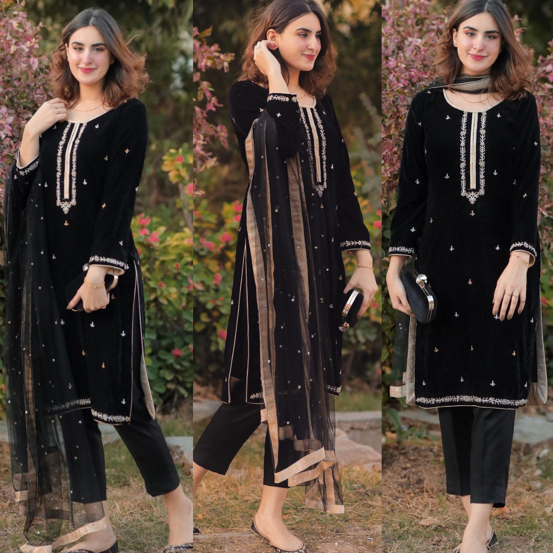 ZN409 WINTER Velvet Embroidered Dress With Organza embroidered Dopata