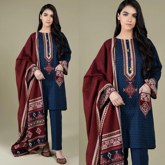 ZN416-WINTER  3PC Linen Embroidered suit with Embroidered Shawll