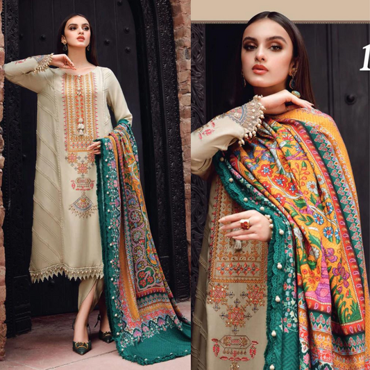 ZN539-WINTER 3PC Dhannak Embroidered suit with Printed Shawll