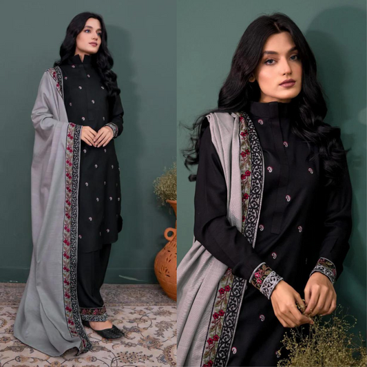 ZN567-Winter 3PC Dhannak Embroidered Suit with Dhanak Embroidered Shawll