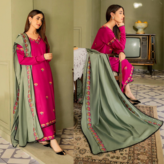 ZN571-WINTER 3PC Dhanak suit with Embroidered Shawll
