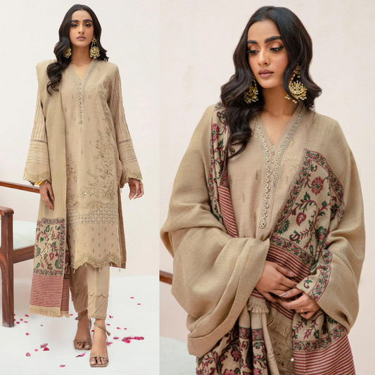 ZN574-WINTER 3PC Dhannak Embroidered suit with Printed Shawll
