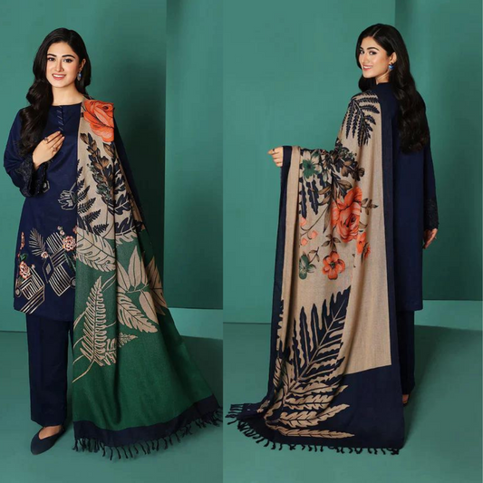 ZN585-WINTER Nishat Blue Linen Embroidered three piece With Printed Wool Shawll