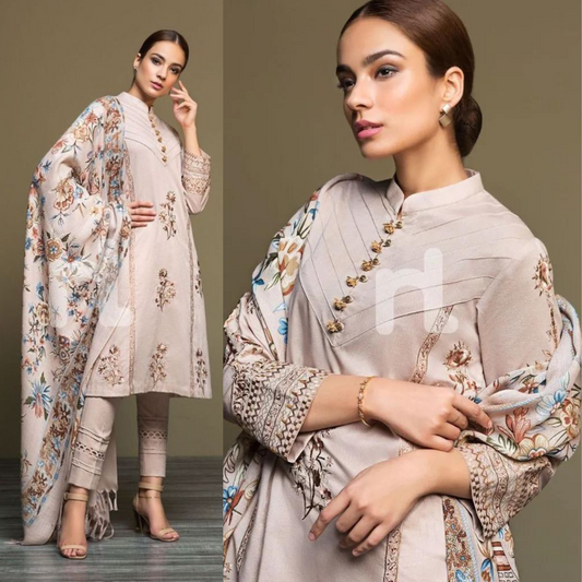 ZN589-WINTER 3PC Dhannak Embroidered suit with Printed Shawll