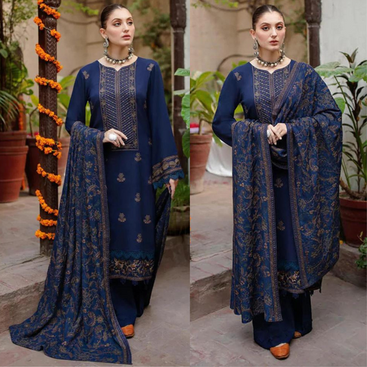 ZN609-WINTER 3PC Embroidered Shirt With Heavy Embroidered Dhanak Shawl