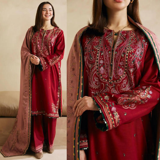 ZN602-WINTER 3-Pc Embroidered Dhanak Suit with Heavy Embroidered Dhanak Shawll