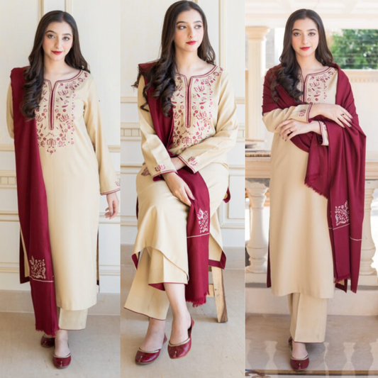 ZN614-WINTER 3PC Dhanak suit with Embroidered Shawll