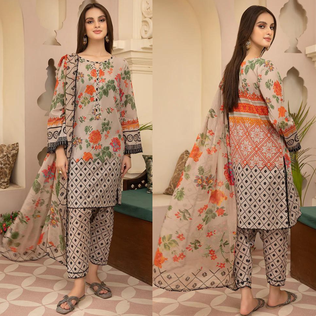 ZN700 SUMMER 3Pc Digital Printed Lawn Shirt With Printed Lawn Trouser ZoniyaClothing