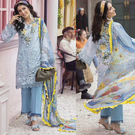 ZN713-SUMMER MUSHQ 3PC EMBROIDERED LAWN SUIT WITH PRINTED SILK DUPATTA