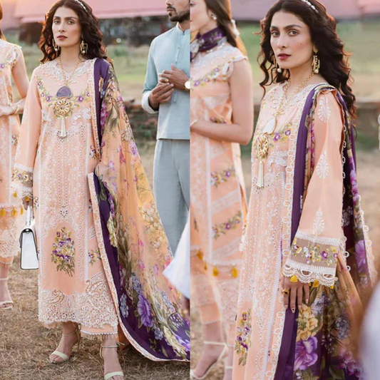 ZN711-SUMMER MUSHQ 3PC EMBROIDERED LAWN SUIT WITH PRINTED SILK DUPATTA
