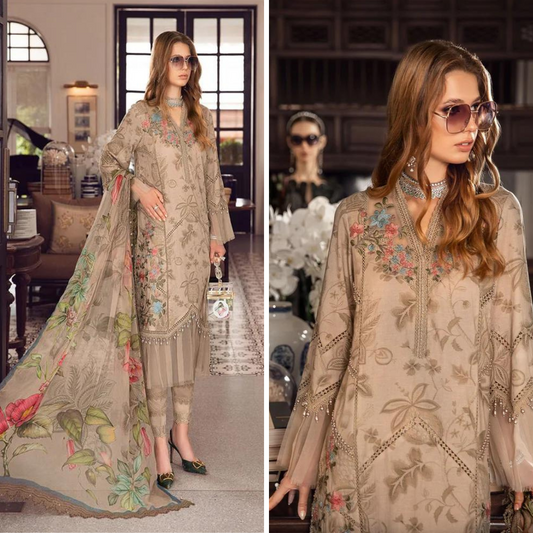 ZN750-SUMMER 3PC Lawn Embroidered Shirt With Printed Organza  Dupatta