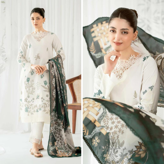 ZN748-Sapphire - 3PC Lawn Heavy Embroidered Shirt With Organza Printed Dupatta