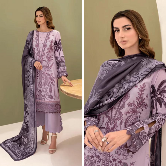 ZN747-Sapphire - 3PC Lawn Heavy Embroidered Shirt With Organza Printed Dupatta