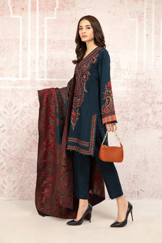 ZN582-WINTER 3PC Khaddar Embroidered Suit with Printed Wool Shawll