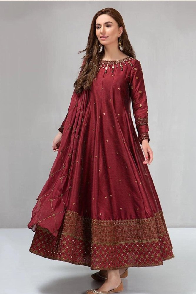 ZN099 - Maria B Winter, unstiched 3 piece kataan silk frock style embroidered suit - ZoniyaClothing