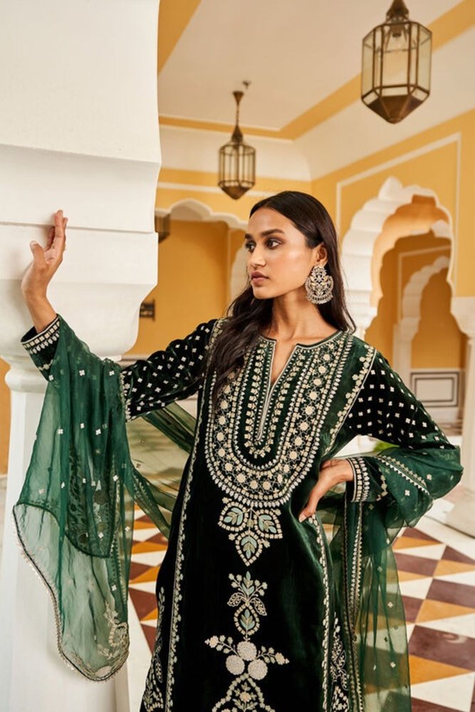 ZN1105 Winter Embroidered Velvet Dress With Organza embroidered Dopata - ZoniyaClothing