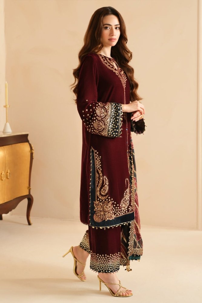 ZN1107 Winter Jazmin Velvet Embroidered with Printed organza duppatta Winter Collection - ZoniyaClothing