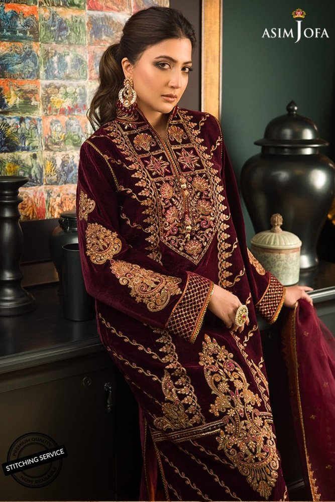 ZN1113 Asim jofa Winter Embroidered Velvet Dress With Organza embroidered Dopata - ZoniyaClothing