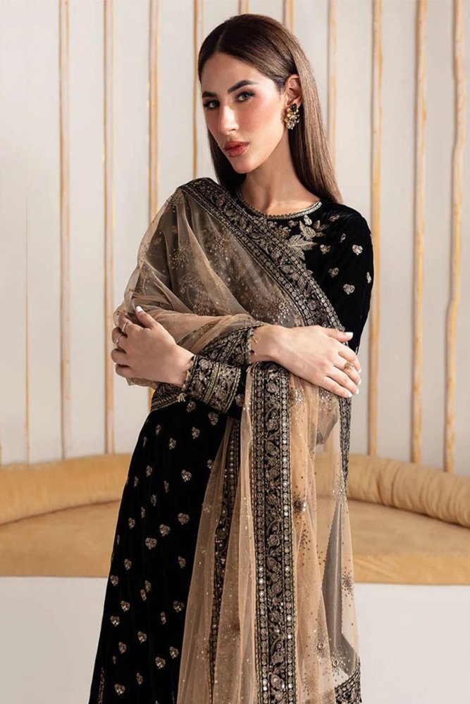 ZN1114 - Baroque Velvet Winter Embroidered 3 Piece Dress With Organza embroidered Dopata - ZoniyaClothing