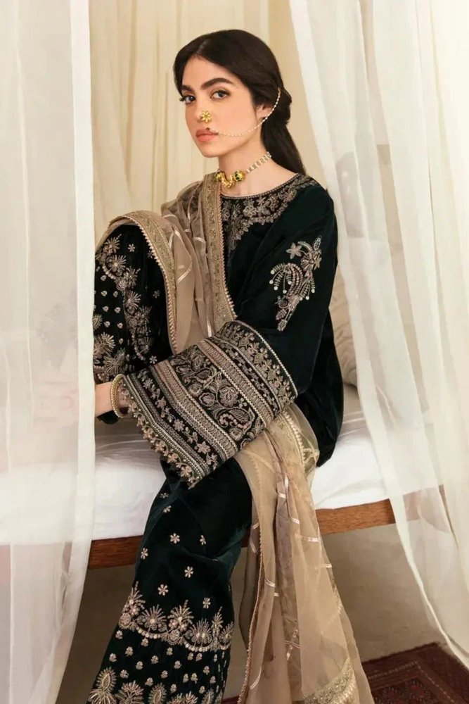 ZN1118 - Winter Baroque Embroidered Velvet Dress With Organza embroidered Dopata - ZoniyaClothing