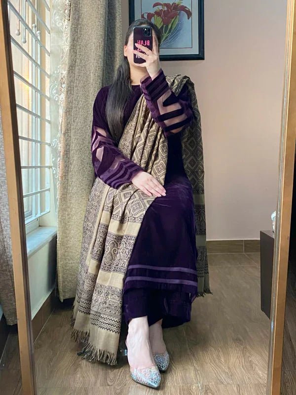 ZN1248 Unstitched Velvet Dress with Printed Dhanak Shawl - ZoniyaClothing