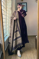 ZN1248 Unstitched Velvet Dress with Printed Dhanak Shawl - ZoniyaClothing