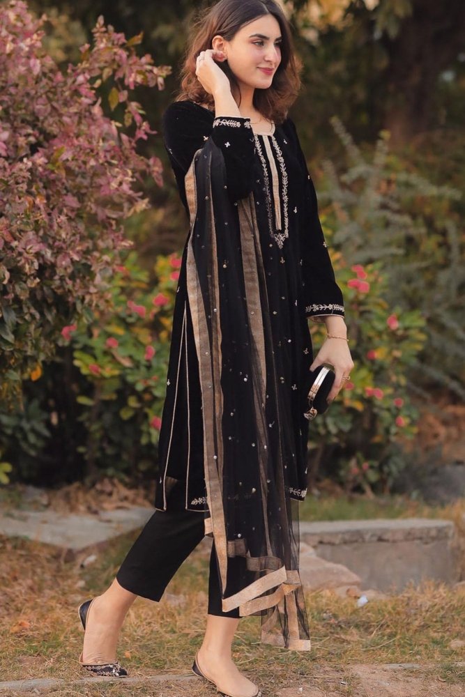 ZN409 - WINTER Velvet Embroidered Dress With Organza embroidered Dopata - ZoniyaClothing