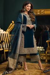 ZN414 - WINTER Heavy Embroidered Velvet Dress with Silk Trouser - ZoniyaClothing