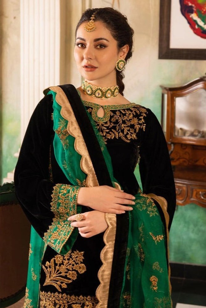 ZN551 - Velvet Winter Embroidered 3 Piece Dress With Organza embroidered Dopata - ZoniyaClothing