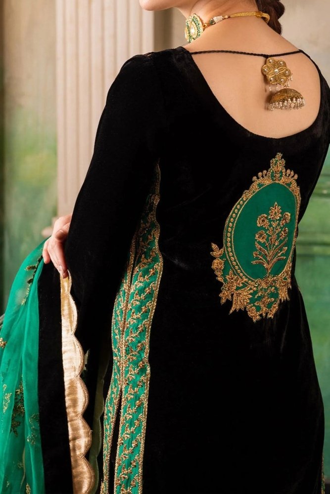ZN551 - Velvet Winter Embroidered 3 Piece Dress With Organza embroidered Dopata - ZoniyaClothing
