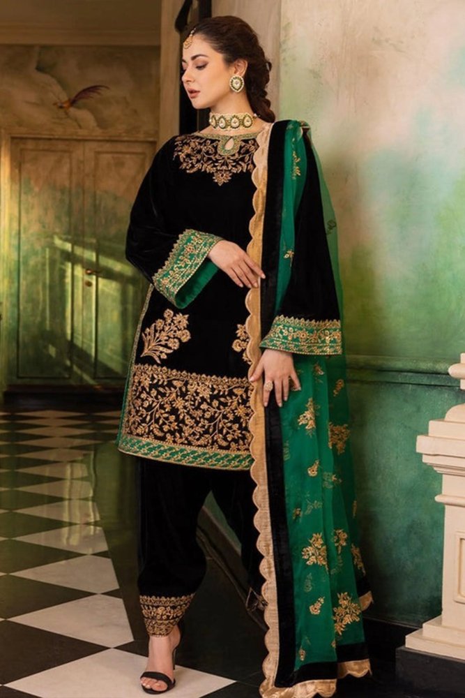 ZN551 - Velvet Winter Embroidered 3 Piece Dress With Organza embroidered Dopata - ZoniyaClothing