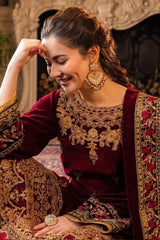 ZN556 - Velvet Winter Embroidered 3 Piece Dress With Organza embroidered Dopata - ZoniyaClothing