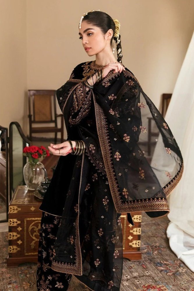ZN563 - Winter Embroidered Velvet Dress With Organza embroidered Dopata - ZoniyaClothing