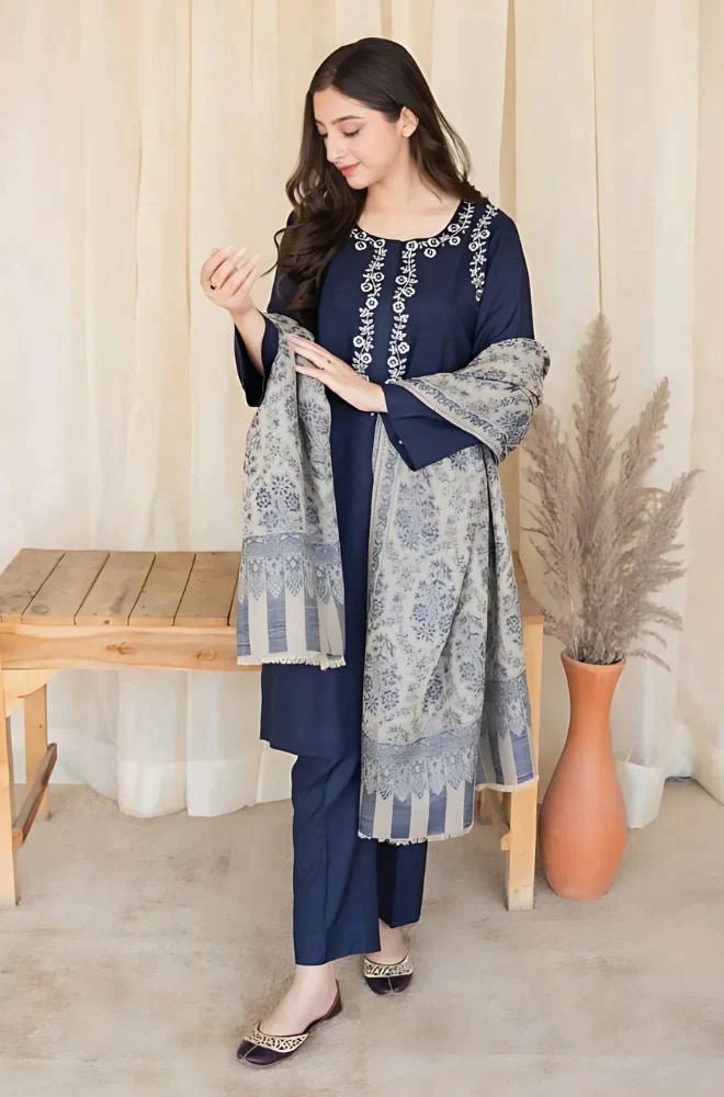 ZN627 - Asling 3PC Dhanak Embroidered suit with Printed Shawll - ZoniyaClothing