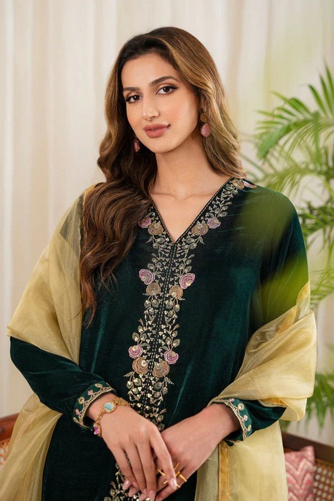 ZN630 - WINTER Velvet Embroidered Dress With Organza embroidered Dopata - ZoniyaClothing