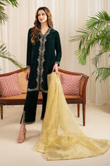 ZN630 - WINTER Velvet Embroidered Dress With Organza embroidered Dopata - ZoniyaClothing